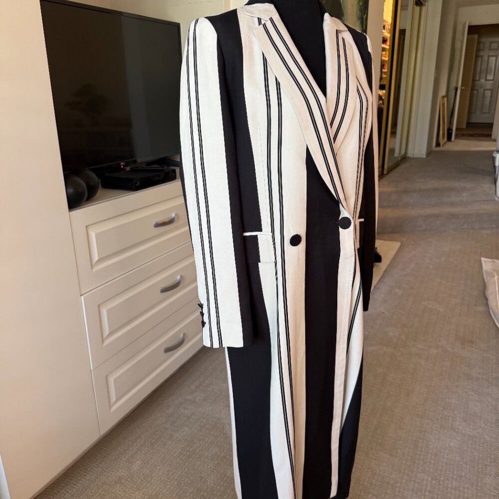 Zara Woman Black/Off White Striped Longline Blazer Coat Jacket Linen Blend - Picture 2 of 9
